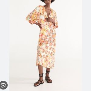 LAST CHANCE Zara Orange and White Patterned Flowy Midi Dress